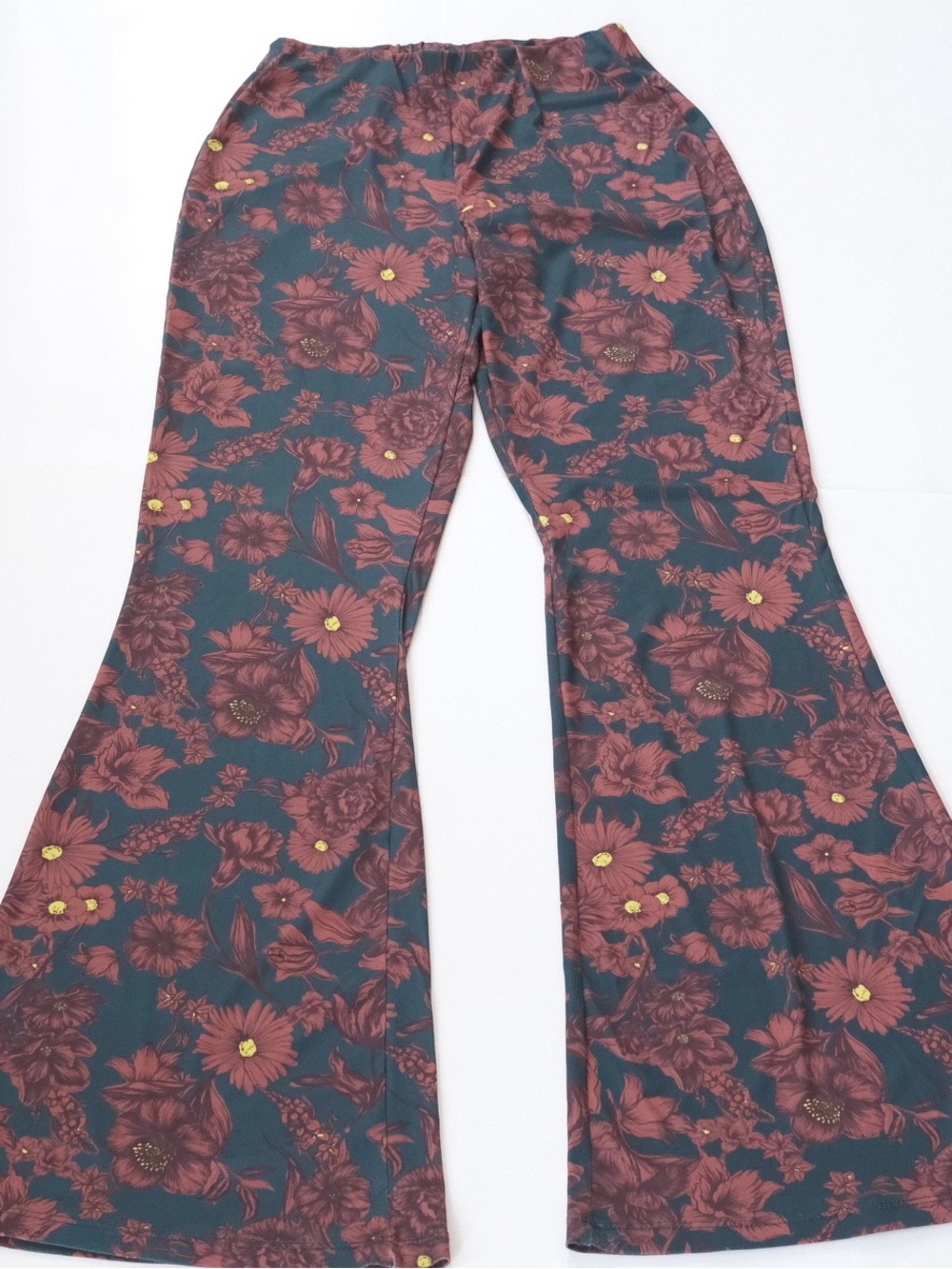 Zara Green Red Leaf Floral Flare Pants - Size Small